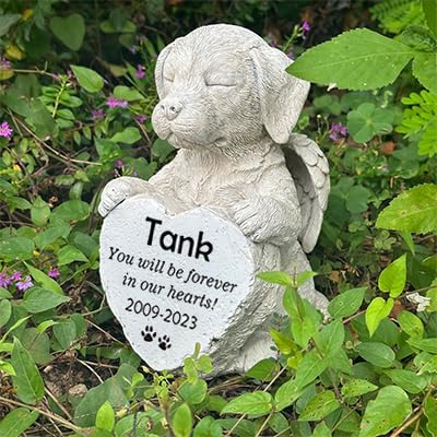 Angel Dog Holding Heart Memorial Stone, Dog Garden Statue Pet Headstone Grave Markers Outdoor Loss Sympathy Gift