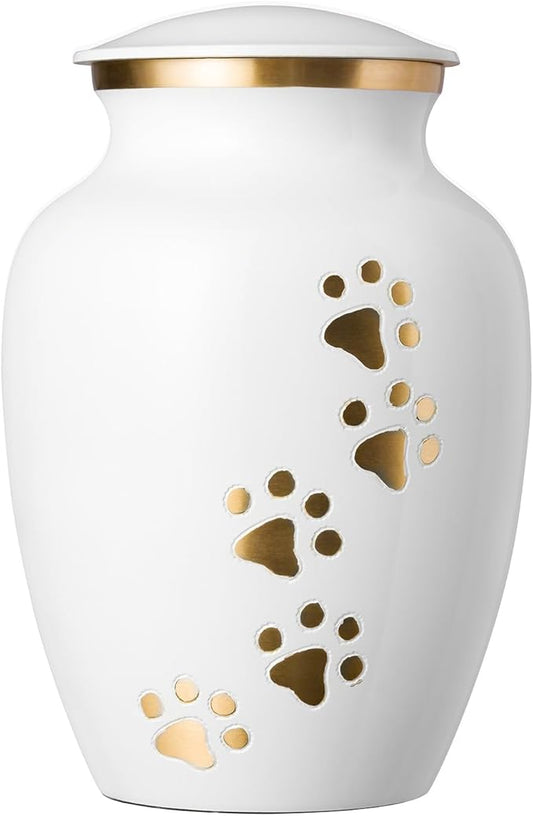 Ottillie Paws Legacy Series Pet Urn for Dogs, Handmade Brass Memorial Cremation Urn (X-Large - Pets up to 170 lbs, Cloud White Vertical Brass Paws)
