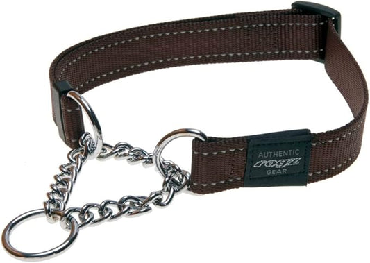 Rogz Utility Medium 5/8-Inch Reflective Snake Obedience Half-Check Dog Collar, Chocolate