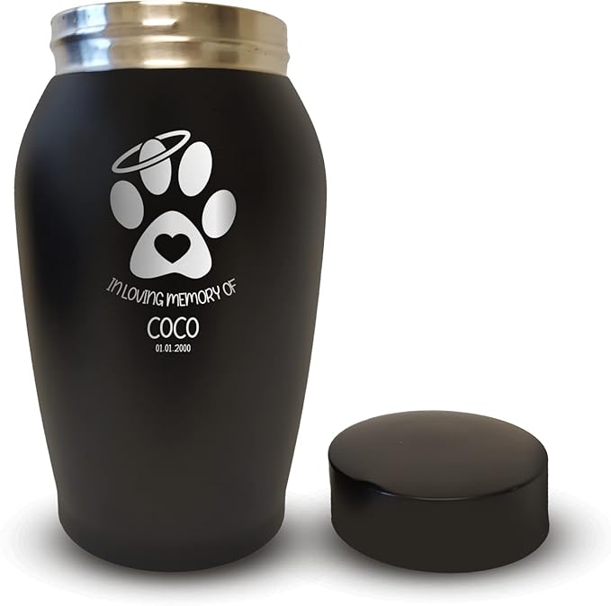 Personalized Custom Dog Urn Engraved Dog Name and Date - Stainless Steel cremation urns for dogs ashes with Airtight Closure | Paw Heart and Halo
