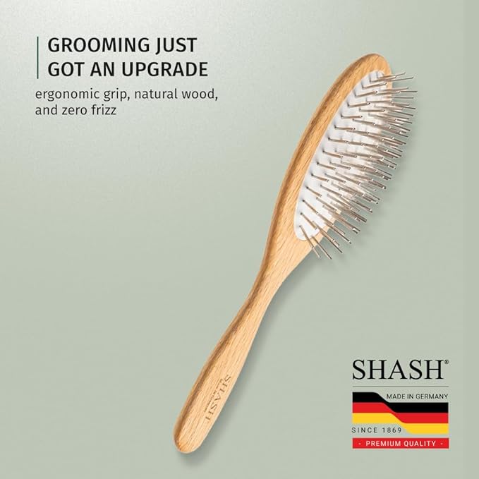 Since 1869 Hand Made In Germany - SHASH Oval Pet Brush With Long Metal Pins With Rubber Cushion - Helps Detangle Knots, Eliminate Frizz, Reduce Pulling & Snagging (Short Steel Pins)