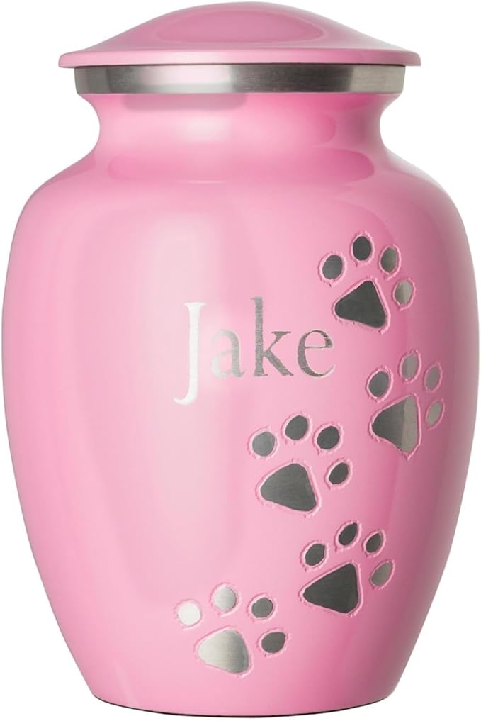 Ottillie Paws Premier Series Pet Urn for Dogs with Personalized Laser Engraving (Medium - Pets up to 65 lbs, Ardent Pink with Vertical Pewter Paws)
