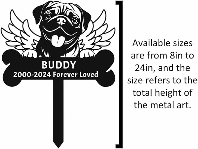 Personalized Pug Dog Memorial Stake, Custom Name Engraved Metal Sign, Wings Pet Memorial Gift, Customized Dog Tombstone Headstone Garden Decor, 8-24 Inches