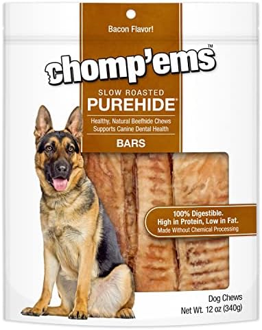 CHOMP 'EMS Purehide Beefhide Dog Chews, Bacon Flavor, 12 Oz - 100% Digestible Long Lasting Dental Treat