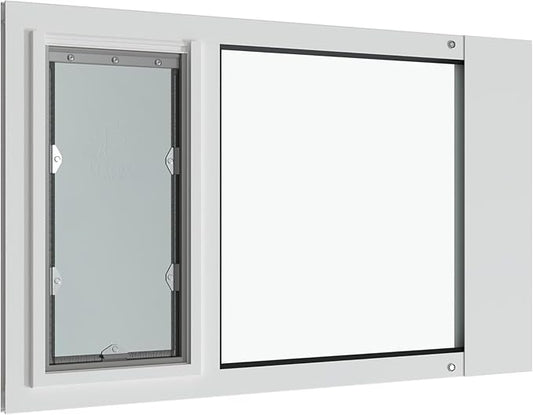 Liberty Pet Door Panel for Sash Windows | Durable Aluminum Frame with Closing Cover | Energy Efficient Safety Glass | White, Medium Flap, 24.5" - 26" Width