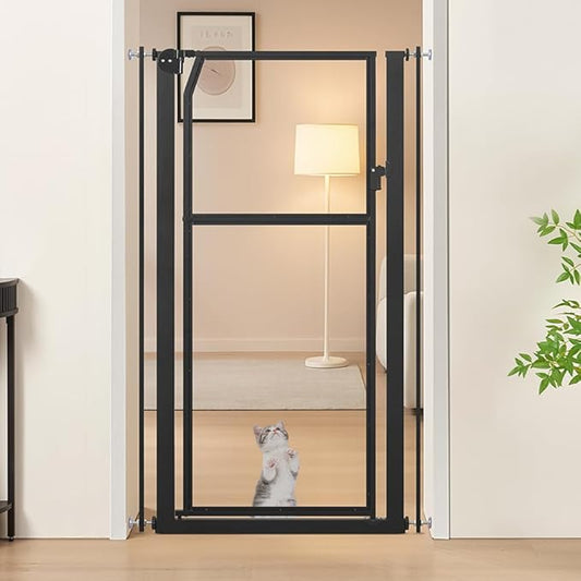 unipaws 56" Extra Tall Pet Gate, Clear Transparent Tall Cat Gate, 29.5-33.5" Wide No Drilling Pressure Mounted Dog Gate for Doorway, Hallway, Stairs, Black