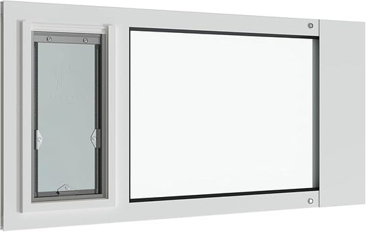 Liberty Pet Door Panel for Sash Windows | Durable Aluminum Frame with Closing Cover | Energy Efficient Safety Glass | White, Small Flap, 29" - 30.5" Width