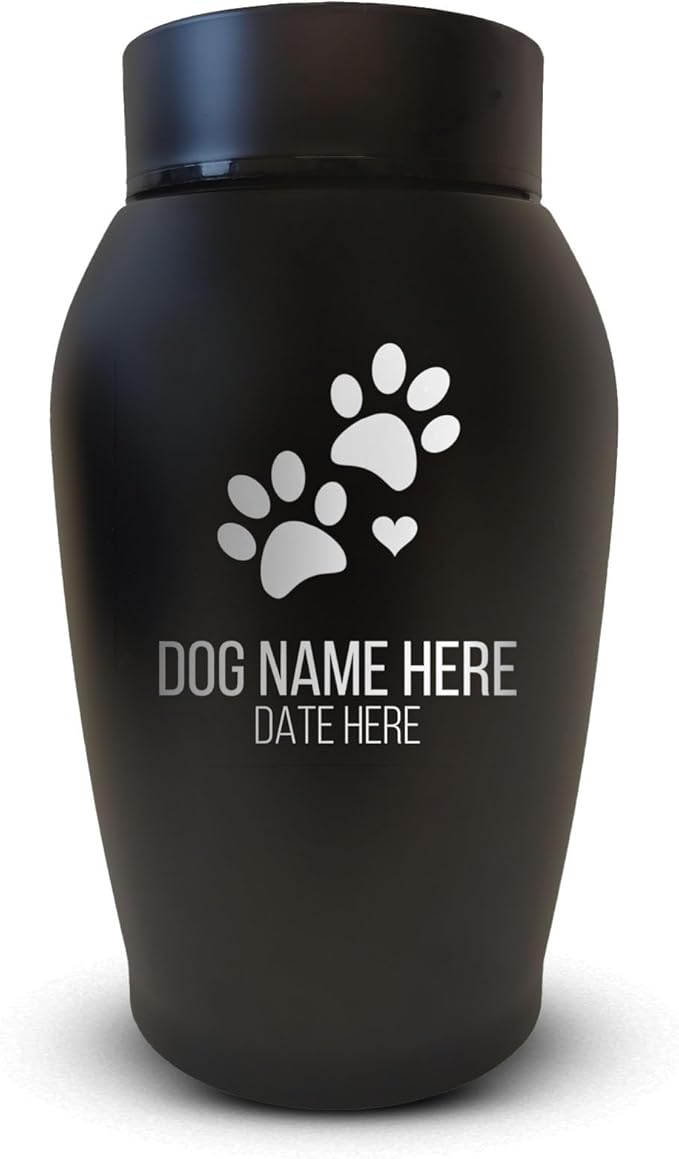 Personalized Custom Small Keepsake Urn Engraved with Pet Name, Date, and Dog Design - 5.2" Black Powder Coated Steel Cremation Urn for Dogs Ashes | 12-16 lb Capacity, Dog Paws