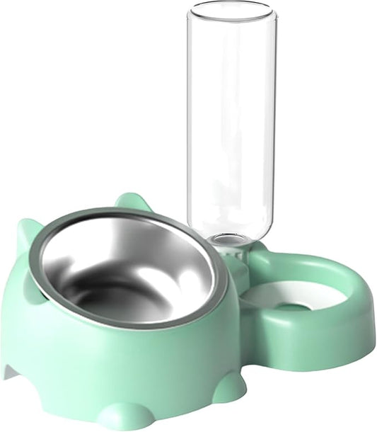 Dog Bowls, Cat Food and Water Bowl Set 16 Degree Tilted Dog Dish with Water Dispenser Automatic Dispenser Bottle Spill Proof Pet Feeder for Cats and Dogs