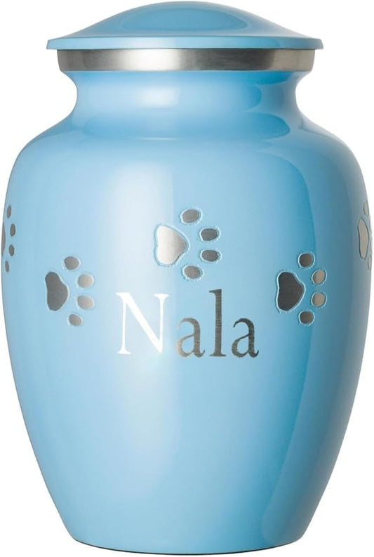 Ottillie Paws Premier Series Pet Urn for Dogs with Personalized Laser Engraving (Large - Pets up to 115 lbs, Baby Blue with Horizontal Pewter Paws)
