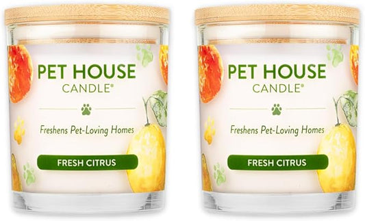One Fur All Pet House Candle 2 Pack - Plant-Based/Soy - Clean Burning Scented, Long Lasting Pet Odor Candle for Home - Fresh Citrus