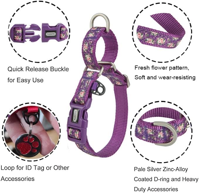 Martingale Dog Collar,Floral Pattern,with Safety Quick Release Buckle,Escape-Proof Anti-Pull for Large Dogs(Purple Floral,L)