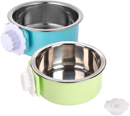 Crate Dog Bowl,Removable Stainless Steel Water Food Feeder Bowls Crate Coop Cup,Pet Cage Bowls with Bolt Holder for Cat, Puppy, Birds, Rats, Rabbits Small Animals ((Blue+Green) Round, Samll)