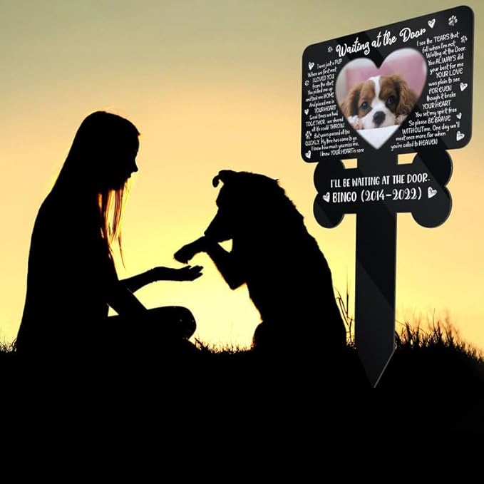 Personalized Dog Memorial Stake Custom Dog Photo Waiting At The Door Dog Bone Metal 12x12 inch Pet Grave Marker Dog Loss Gift Sympathy Gift for Dog Lover (Style 36)
