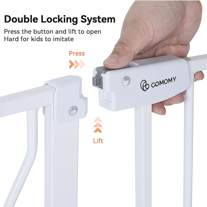 COMOMY 29.5-43.7" Baby Gate with Adjustable Cat Door,Extra Wide Metal Cat Gate for Stairs Doorways, Auto Close Dog Gate with Pet Door for House, Pressure Mounted Easy Walk Through (30" Tall, White)