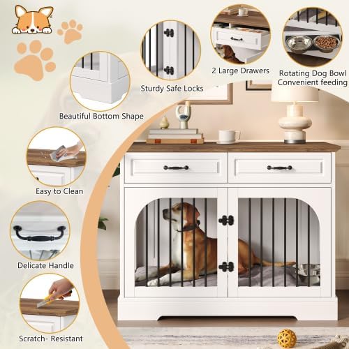 Farmhouse Dog Crate Furniture End Table with 2 Storage Drawers, 360° Rotating Locking Food Bowls, Large & Medium Indoor Metal Bar Kennel for Living Room, White and Brown