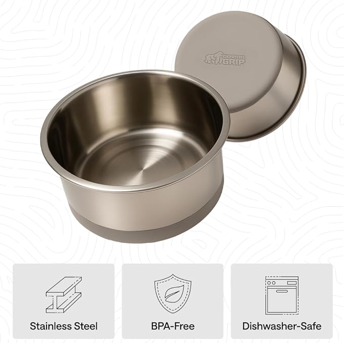 GORILLA GRIP Dog Bowls, Food Grade 304 Stainless Steel, Holds 6 Cups Each (48 fl oz) Food and Water Bowl for Feeding Dogs and Cats, Dishwasher Safe, Rust Resistant, BPA Free Rubber Base Set of 2 Beige