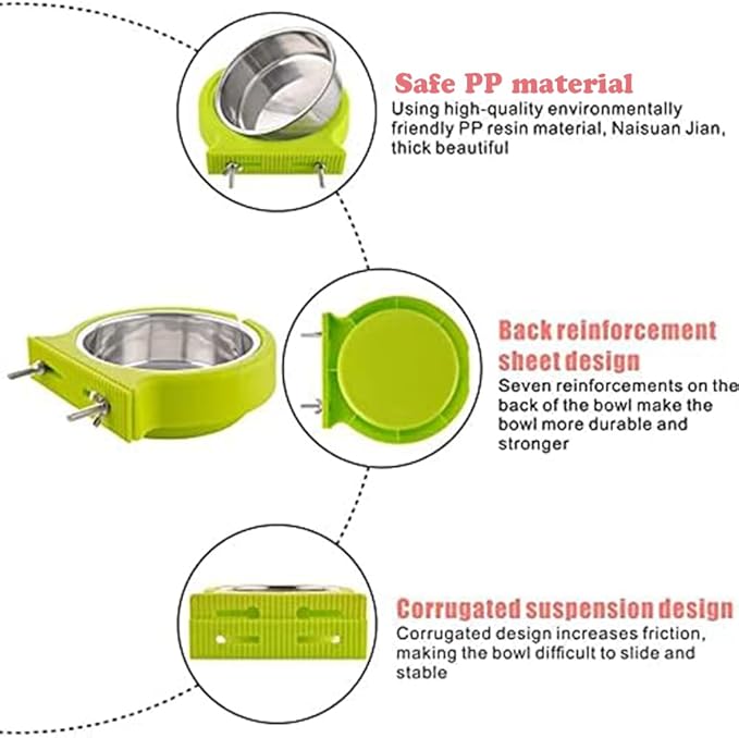Crate Dog Cat Bowls, Removable Stainless Steel Hanging Pet Cage Bowls for Kennel, Crate Food Water Feeder Bowls with Bolt Holder for Cat, Puppy, Rabbite Birds and Other Small Animals (Large, Green)