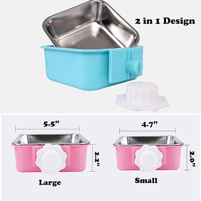 Love Dream Crate Dog Cat Bowls, Removable Stainless Steel Hanging Pet Cage Bowls Kennel, Food Water Feeder with Bolt for Puppy Birds 2 Pack with Silicone Sponge Dish Brush