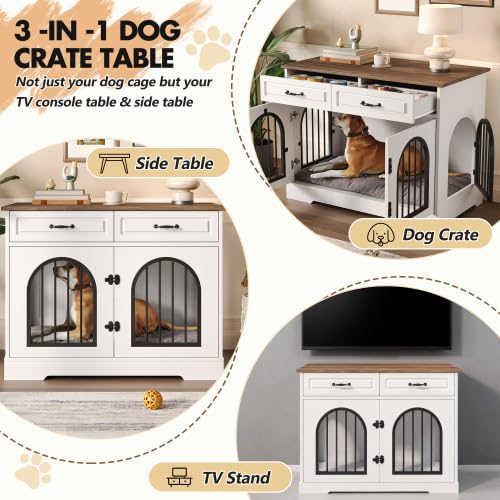 43.3" Dog Crate Furniture End Table with 2 Storage Drawers, Heavy Duty Indoor Dog Kennel for Medium Large Dogs, Side Entry Doors, Anti-Chew Escape Proof Pet Cage, White and Brown