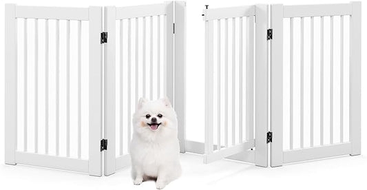 Giantex Dog Gate with Door - 30''H × 80''W Wooden Pet Gate with Walk Through Door, Foldable Freestanding 4 Panels Pet Safety Fence Extra Wide for Doorway Stairs House Deck Yard, White