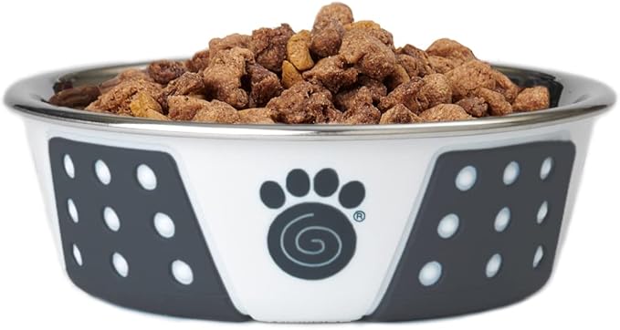PetRageous 15000 Fiji Stainless Steel Non-Slip Dishwasher-Safe Dog Bowl 1.75-Cup Capacity 5.5-inch Diameter 1.75-inch Tall for Small and Medium Size Dogs and Cats, White and Slate Blue