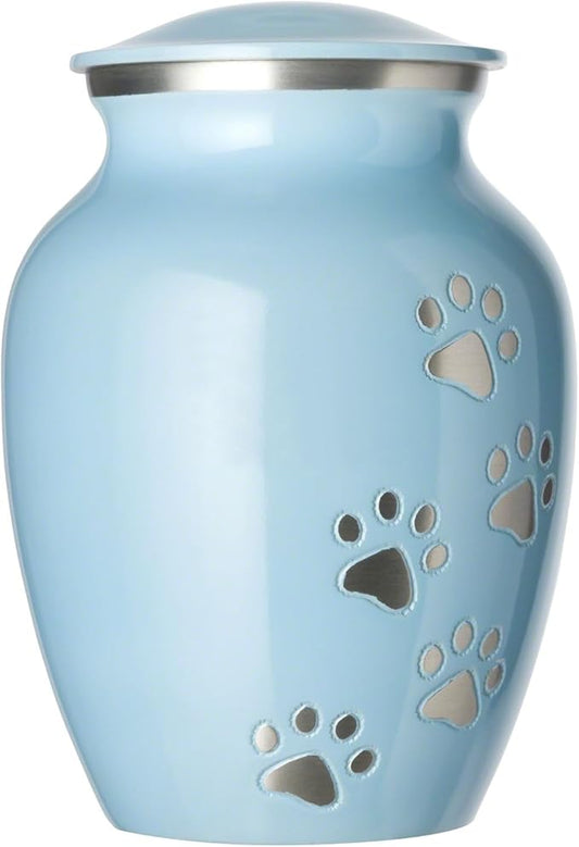 Ottillie Paws Legacy Series Pet Urn for Dogs, Handmade Aluminum Memorial Cremation Urn (X-Large - Pets up to 170 lbs, Baby Blue, Vertical Pewter Paws)