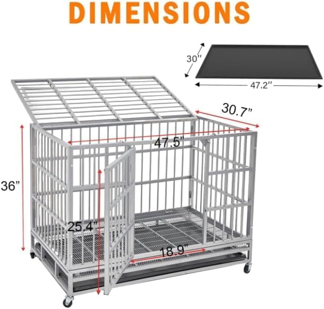 42 Inch Heavy Duty Dog Crate Cage with Wheels, Indestructible and Escape Proof Steel Kennel Indoor for High Anxiety Dogs with Sturdy Locks, Double Door and Tray, Extra Large XL XXL, Silver