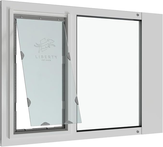 Liberty Pet Door Panel for Sash Windows | Durable Aluminum Frame with Closing Cover | Energy Efficient Safety Glass | White, Large Flap, 35" - 36.5" Width