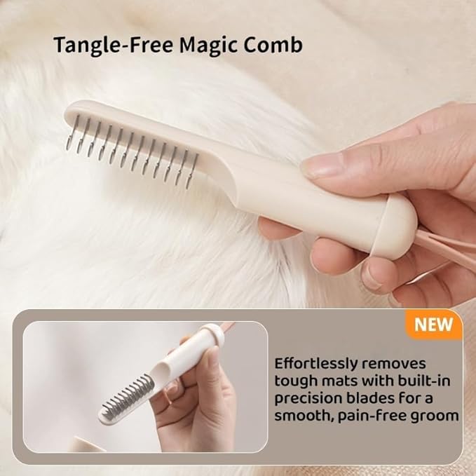 3-in-1 Pet Grooming Combs for Matted Hair Dogs/Cats,Stainless Grooming Comb with Short & Long Teeth,With a Lint Roller for Dust & Hair,Hidden Dematting Comb for Long Hair,Easy to Use and Clean Brown