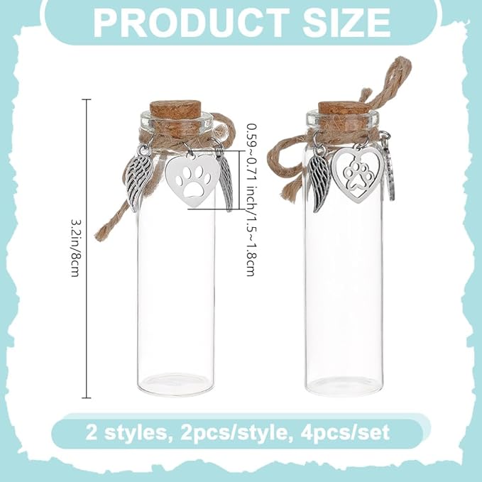 4pcs Pet Hair Keepsake Bottle Dog Cat Clear Hair Memorial Mini Glass Vial with Angel Wings Pet Fur Locket Bottle with Heart Paw Ornaments for Pet Loss Sympathy Gift Pet Ashes Hair Storage