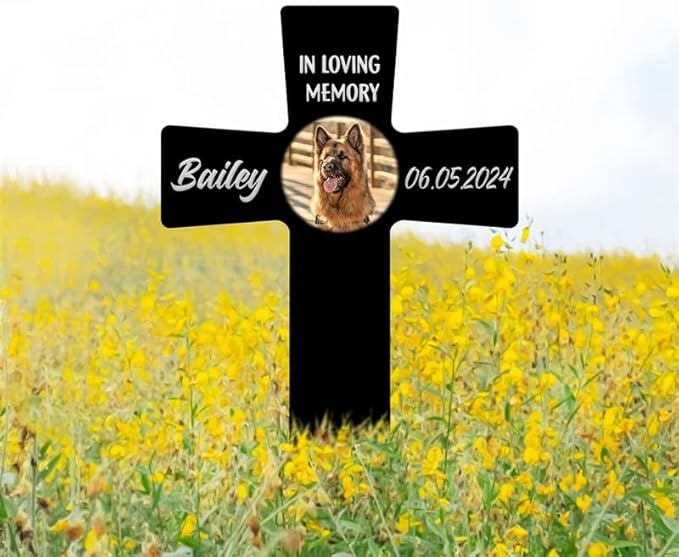 AVAGifts Personalized Pet Photo Memorial Cross Metal – Forever in Our Hearts Grave Marker, Custom Name & Date Outdoor Memorial Stake, Loss of Cat Sympathy Gift, Custom Dog Grave Marker for Cemetery, Easter Gifts