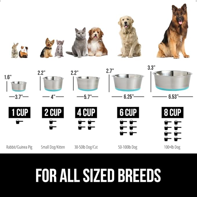 GORILLA GRIP Dog Bowl, Holds 8 Cups (64 fl oz), Food Grade 304 Stainless Steel Food and Water Bowl for Feeding Dogs and Cats, BPA Free Rubber Base, Easy Clean, Dishwasher Safe Rust Resistant Turquoise