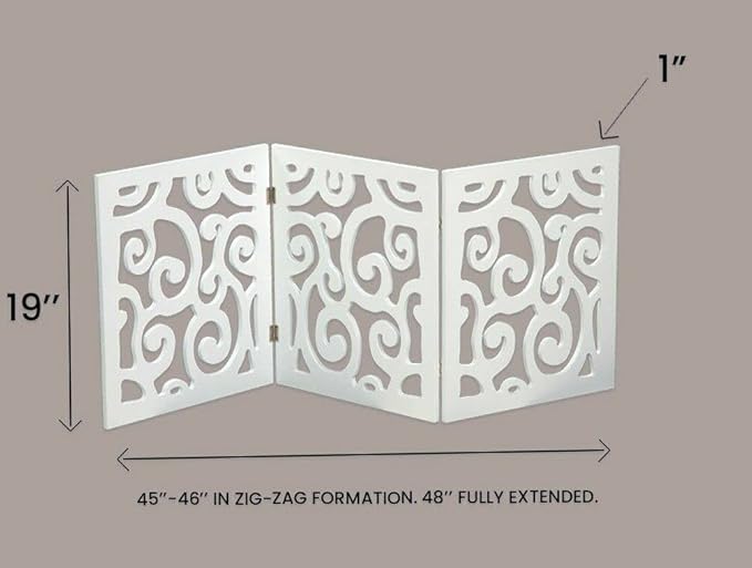 Safety Pet Gate for Dogs – Free-Standing & Foldable - Decorative Scroll Wooden Fence Barrier – Stairs & Doorways (White)