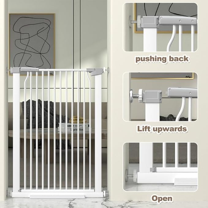 41-Inch Extra Tall Metal Baby Gate for Doorway, 76.8-79.5'' Pet Safe Gate with Expansion Kit, No Drilling Cat Fence Indoor, No Climb Child Door, White