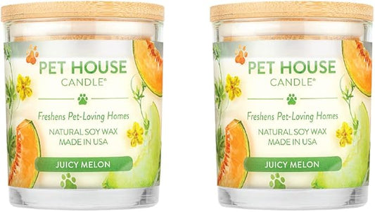 Pet House Candles, Natural Plant-Based, Long Lasting Candles for Pet Odor, 60 Hour Burn Time - Juicy Melon, 9 oz, 2 Pack