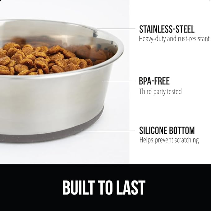 GORILLA GRIP Dog Bowl, Holds 4 Cups (32 fl oz), Food Grade 304 Stainless Steel Food and Water Bowl for Feeding Dogs and Cats, BPA Free Rubber Base, Easy Clean, Dishwasher Safe, Rust Resistant, Gray