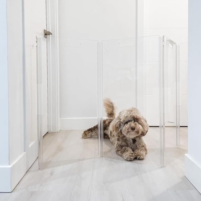 Hiddin Clear Acrylic Dog Gate - High Zig Zag Clear Pet Gate for Home 4 Panels - Sturdy Free-Standing Design - Modern Acrylic Dog Pen - Transparent Pet Gates for Home - Safe & Stylish