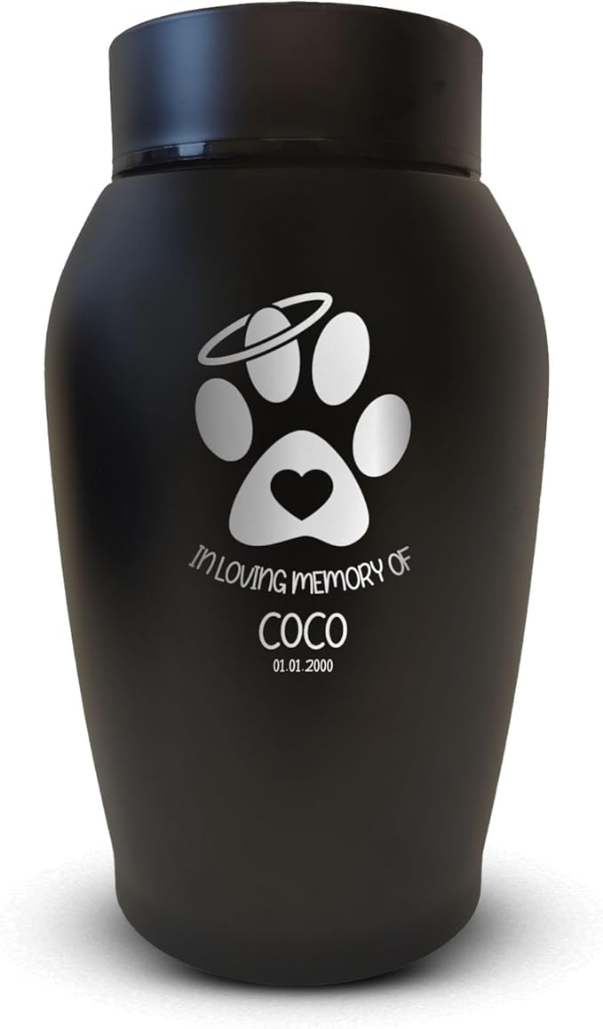 Personalized Custom Small Keepsake Urn Engraved with Pet Name, Date, and Dog Design - 5.2" Black Powder Coated Steel Cremation Urn for Dogs Ashes | 12-16 lb Capacity, Paw Heart and Halo