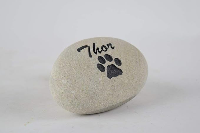 Pet Memorial Headstone Grave Marker - Natural Stone River Rock Sandblast Engraved with Your Pets Name and a Paw Print for Dog or Cat 3" to 4"
