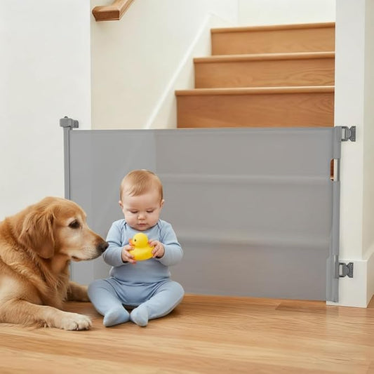 Retractable Baby Gate,Mesh Baby Gate or Mesh Dog Gate,34" Tall,Extends up to 55" Wide,Child Safety Gate for Doorways, Stairs, Hallways, Indoor or Outdoore (Gray, 55''Wide 34''Tall)