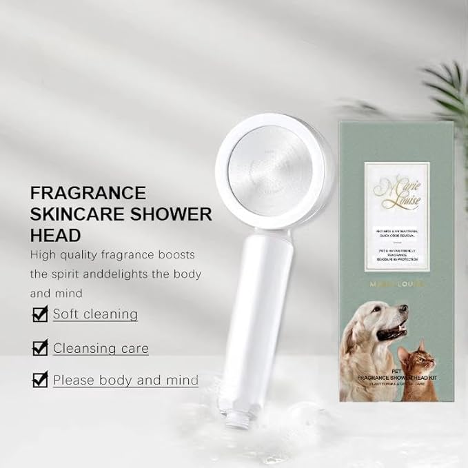 Pet Fragrance Shower Head Kit：Pet-Friendly Aromatherapy Shower Handle for Dogs & Cats Replaceable Built-in Gentle Fragrance Balm Skin-Health Filter Cartridge Soothing Oils & Vitamins