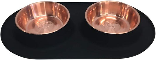 Messy Mutts Double Silicone Feeder with Copper-Colored Stainless Bowls | Non-Skid Food Dishes for Dogs for All Pets | Dog Food Bowls | Large, 3 Cups Per Bowl | Black