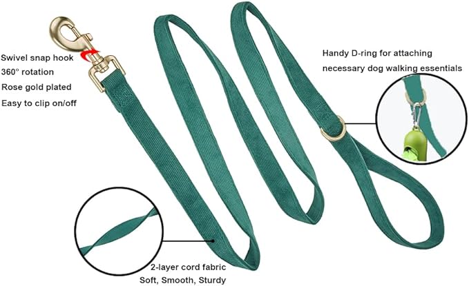 Soft Cotton Dog Leash, 5 Ft Heavy Duty Corduroy Dog Leashes with Gold Metal Hook for Small Medium Large Dogs,Medium,Dark Green