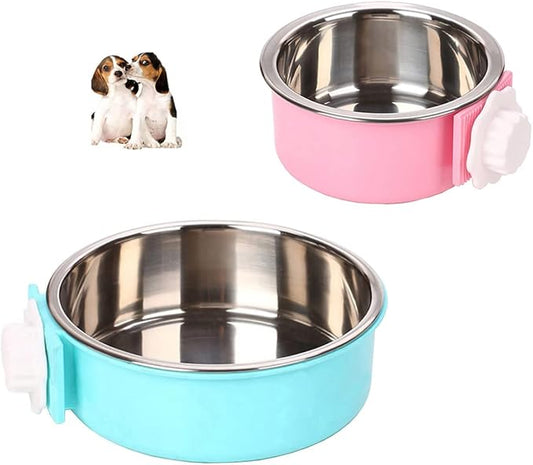 Crate Dog Bowl,Removable Stainless Steel Water Food Feeder Bowls Crate Coop Cup,Pet Cage Bowls with Bolt Holder for Cat, Puppy, Birds, Rats, Rabbits Small Animals ((Blue+Pink) Round, Samll)