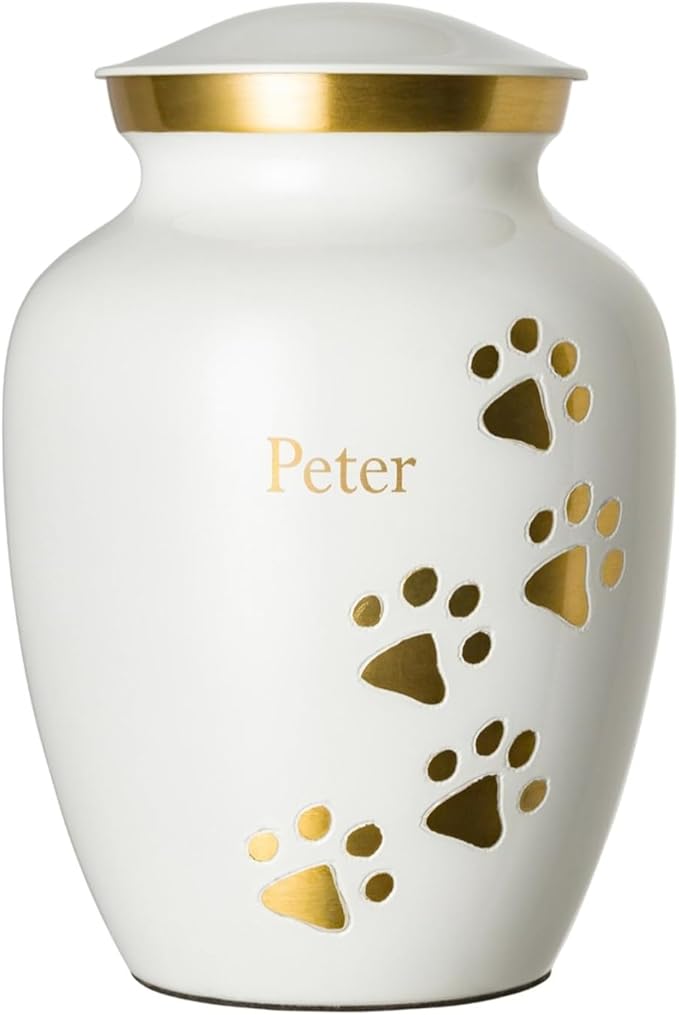 Ottillie Paws Premier Series Pet Urn for Dogs with Personalized Laser Engraving (Large - Pets up to 115 lbs, Cloud White with Vertical Brass Paws)
