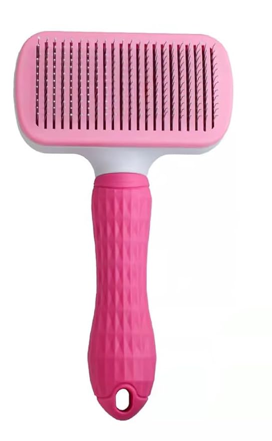 Pet hair grooming square brush with Massage Particles, Self Cleaning Dematting Comb Dogs and Cats, Easy to Use, Ergonomic Handle Design (Pink)