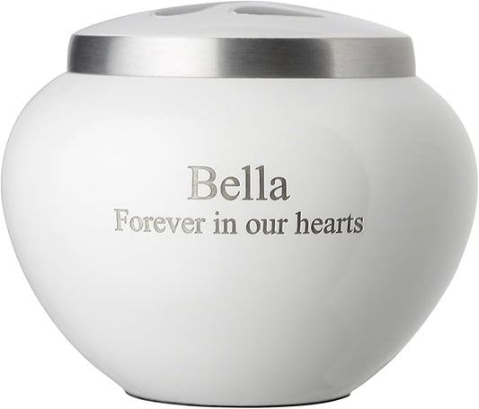 Mia Paws Premier Series Pet Urn for Dogs and Cats with Personalized Laser Engraving (Small - Pets up to 20 lbs, Cloud White, Pewter Paw)