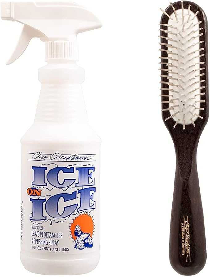 Chris Christensen Ice on Ice Detangle & Finishing Bundle: Detangler Spray for Elasticity & Strength + 20mm Slip Dematting Brush for Smooth Coats