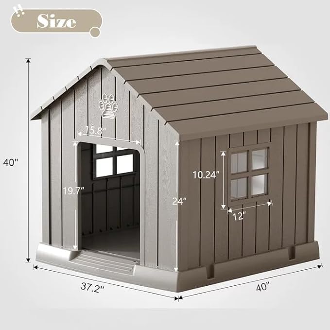 Bifanuo Dog House Outdoor Indoor with Weatherproof, Ventilated and Elevated Floor, Easy Clean Large Dog House Outdoor for Small Medium Large Dogs (Grey, 37.2" L x 40" W x 40" H)